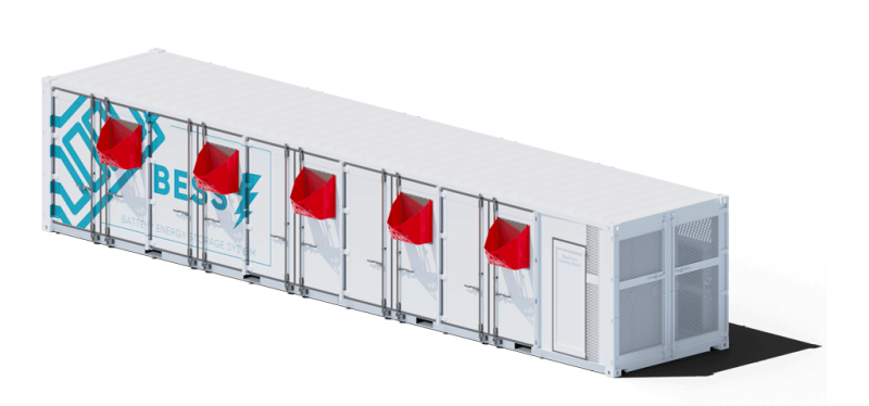 Sistema de protección de explosión ARC-VENT Vigispace® instalado en un sistema de almacenamiento de energía de la batería (BESS).