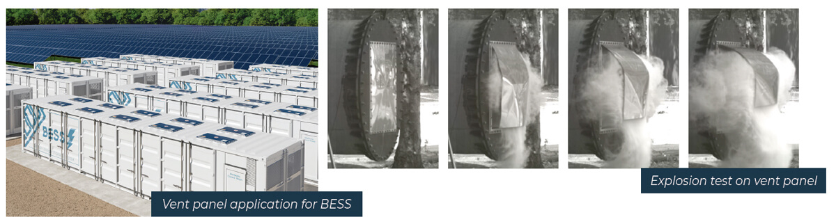 Aplicación del panel de ventilación para sistemas de almacenamiento de energía de la batería (BESS) y secuencia de prueba de explosión.