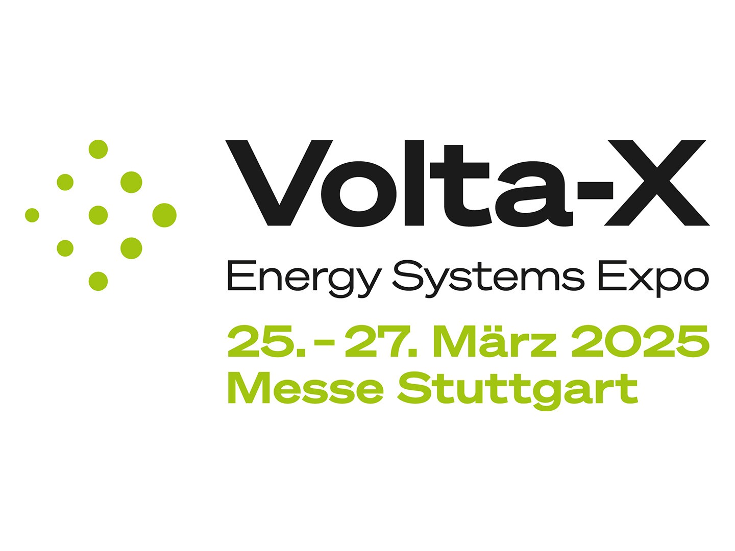 Official banner for Volta-X Energy Systems Expo, taking place from March 25-27, 2025, at Messe Stuttgart, Germany.