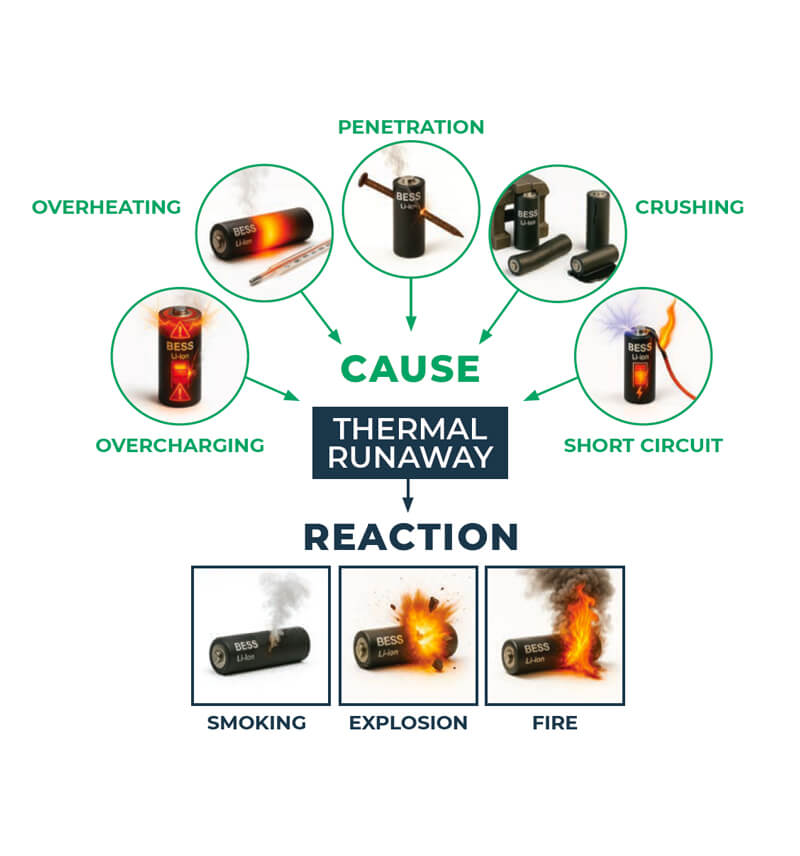 Runage thermique - provoque et se présente dans les systèmes bess Infographie Illustrante Les provoque des réactions et des réactions thermiques dans la thermique des plas non unhium-ion bess.